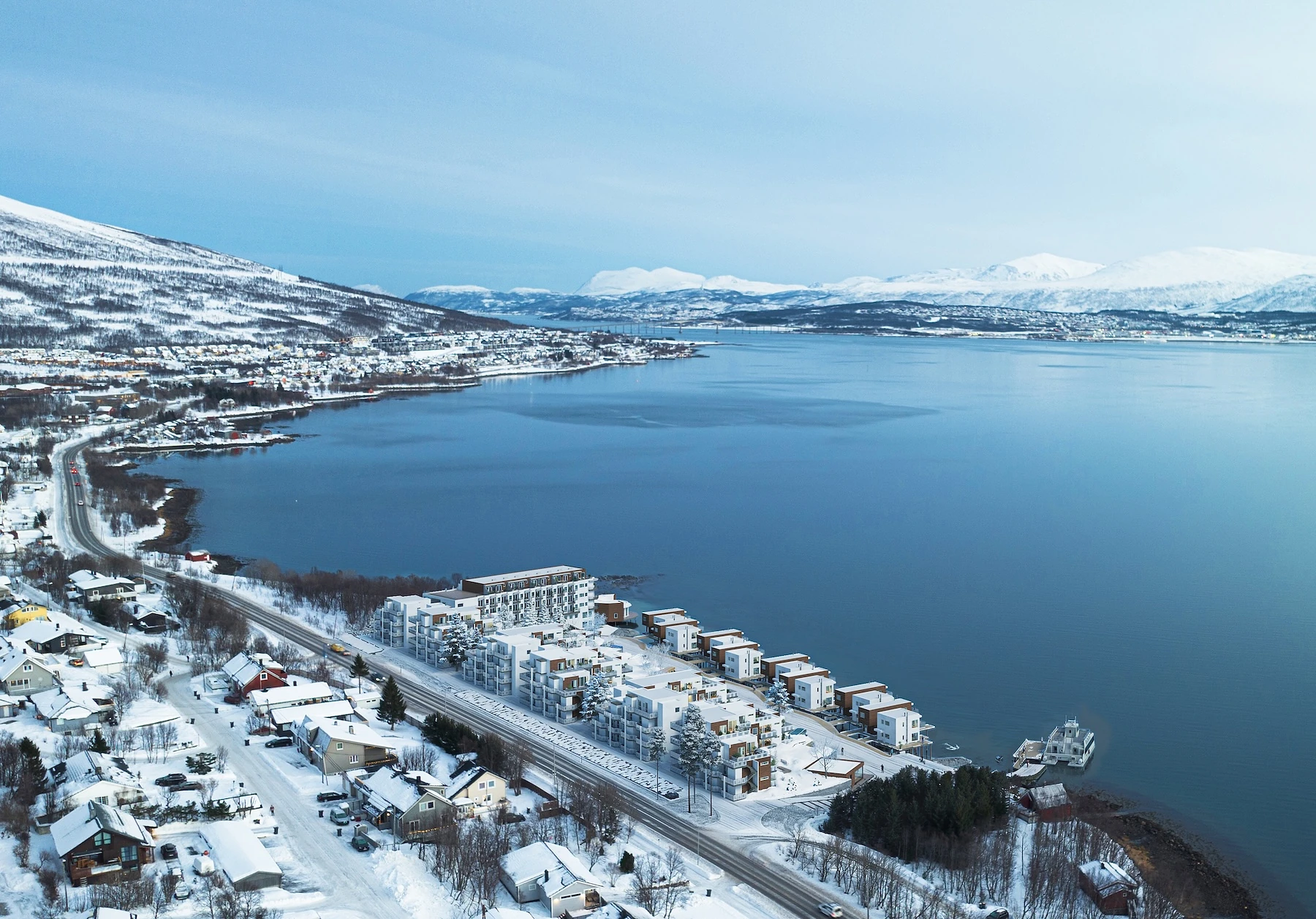 3D-visualisering av boligprosjekt sett fra luften – Åsland i Tromsø