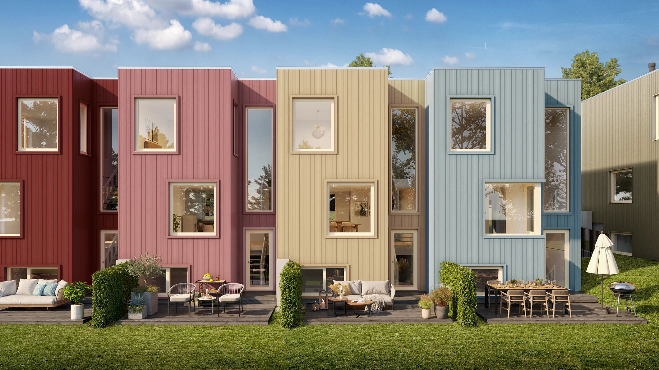 3D-visualisering av rekkehus med fargede fasader, terrasser og hage