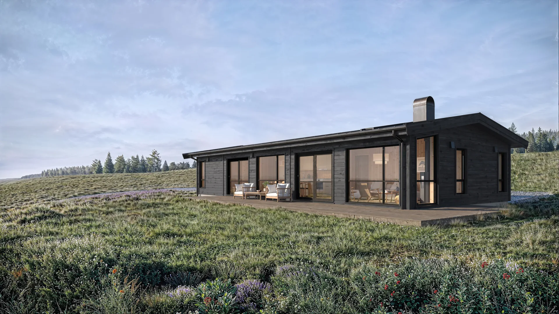 Moderne hytte visualisert i naturlandskapet i Hulvika i Son