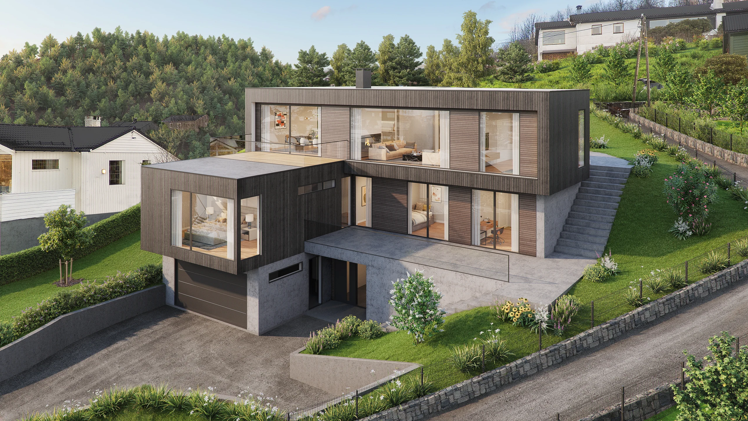 Eksteriørvisualisering av ArkitektHus: Smøråsvegen 57.