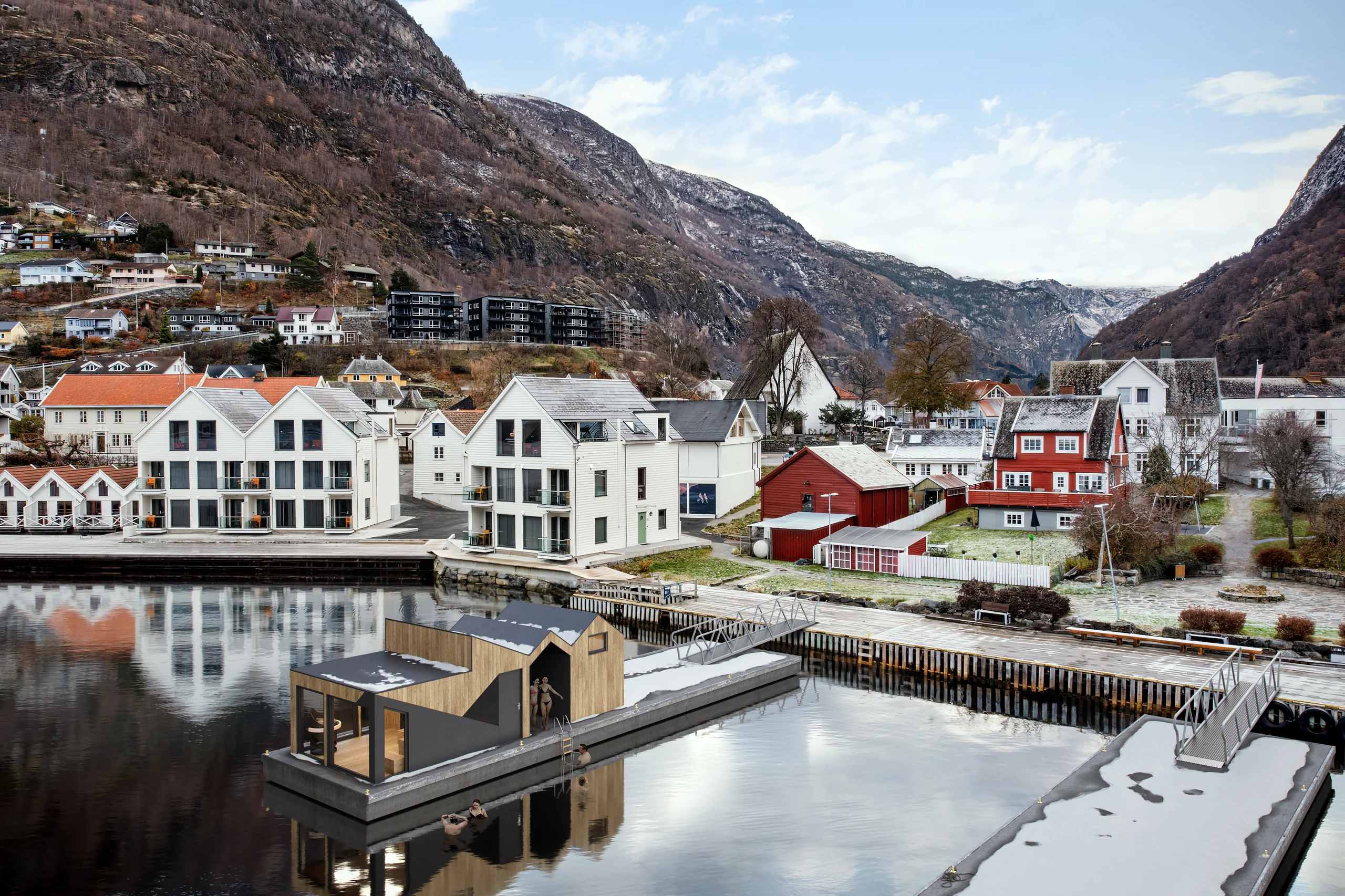 Eksteriørvisualisering av BoligPartner Sogndal: Flytende badstue.