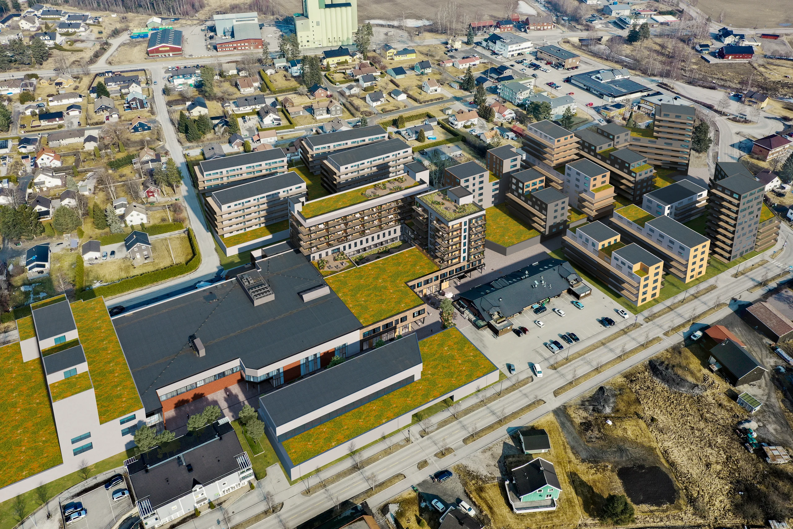 Fugleperspektiv av Designo: Bjørkelangen, Sentrum.