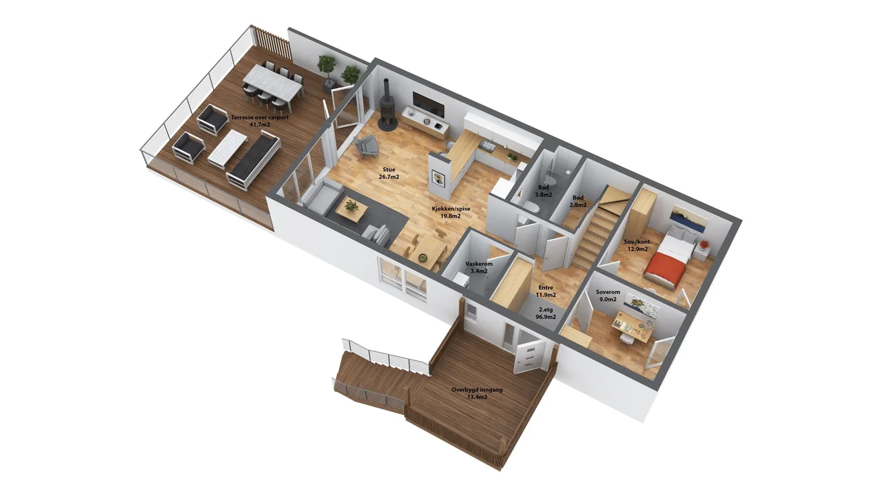 3D-plantegning av en etasje med stue, kjøkken, to soverom, bad og terrasse over carport, med romnavn og kvadratmeter