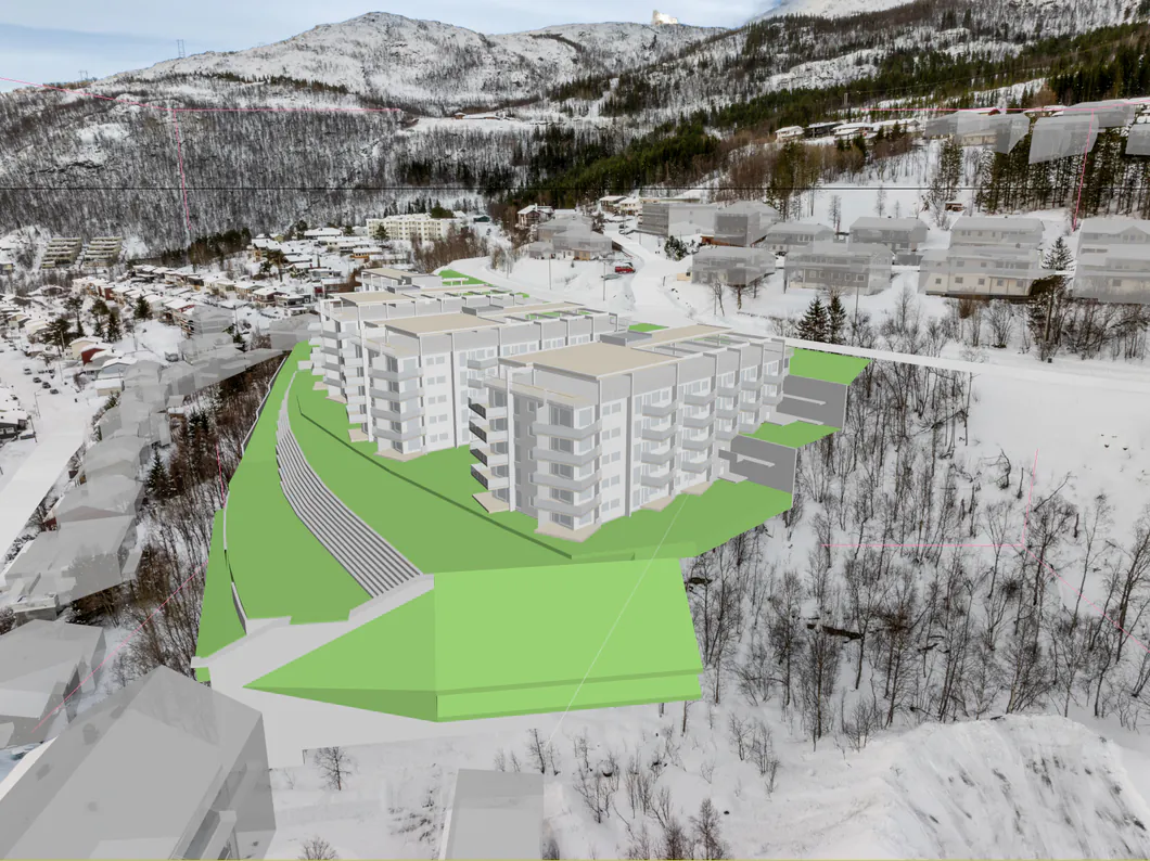 IFC-modellen av Alpinbyen som grå bygningsvolumer plassert i et dronefoto av den snødekte dalsiden, med terrenget markert i grønt