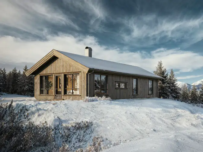 3D-visualisering av trehytte på en snødekt kolle med grantrær og snødekte fjell i bakgrunnen