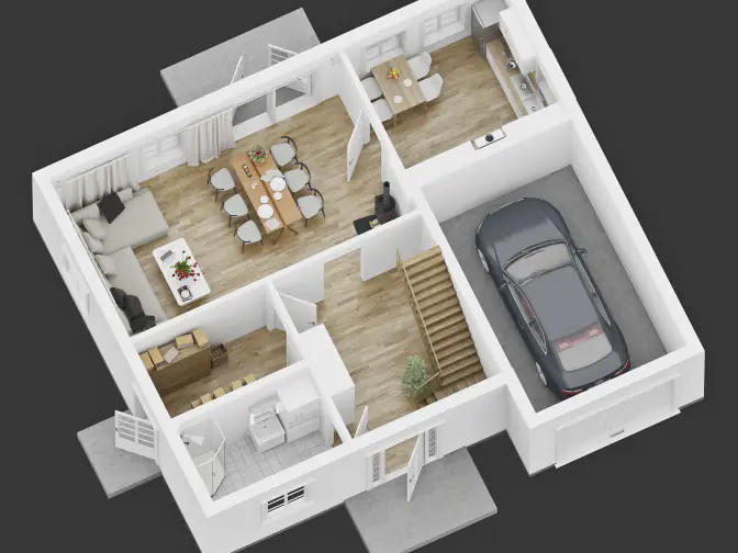 3D-plantegning av enebolig i perspektiv, med stue, kjøkken, trapp og garasje med bil