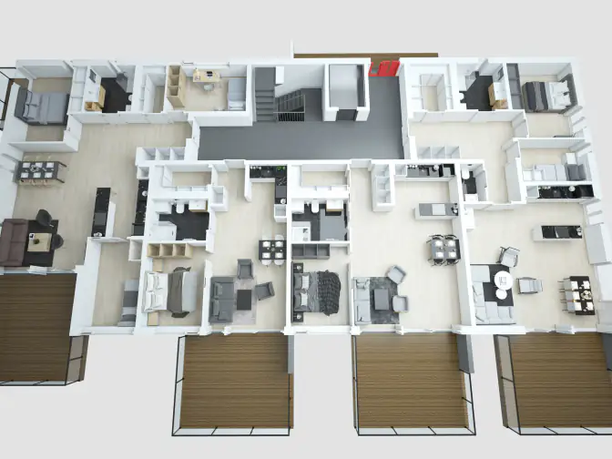 3D-plantegning av en hel etasje med flere leiligheter side om side, møblert og med terrasser