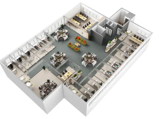 3D-plantegning av kontorlokale i perspektiv, med arbeidsplasser, møterom og sosial sone