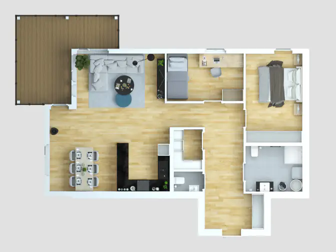 3D-plantegning av leilighet sett rett ovenfra, med parkett, møblert stue, soverom og terrasse