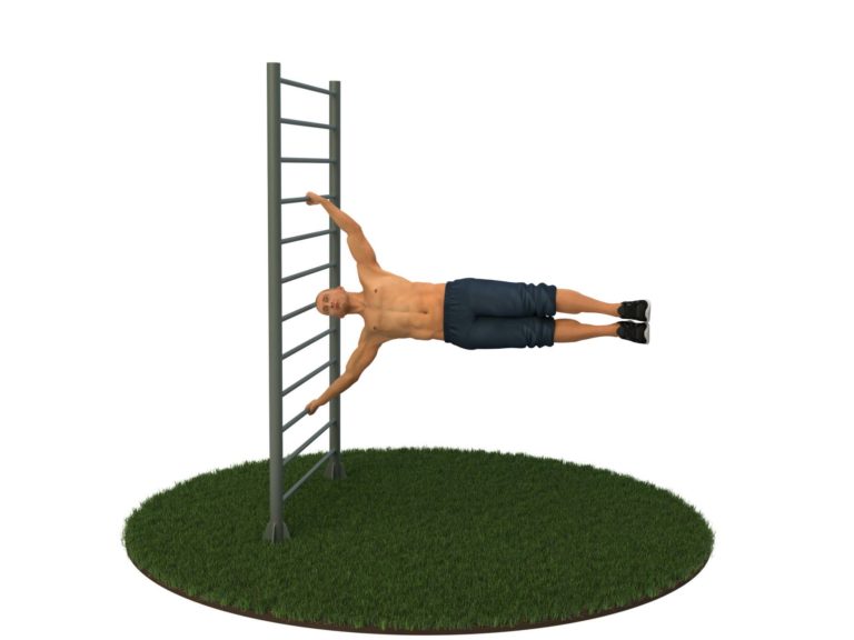 et bilde av en mann som gjør en push up på en stige.