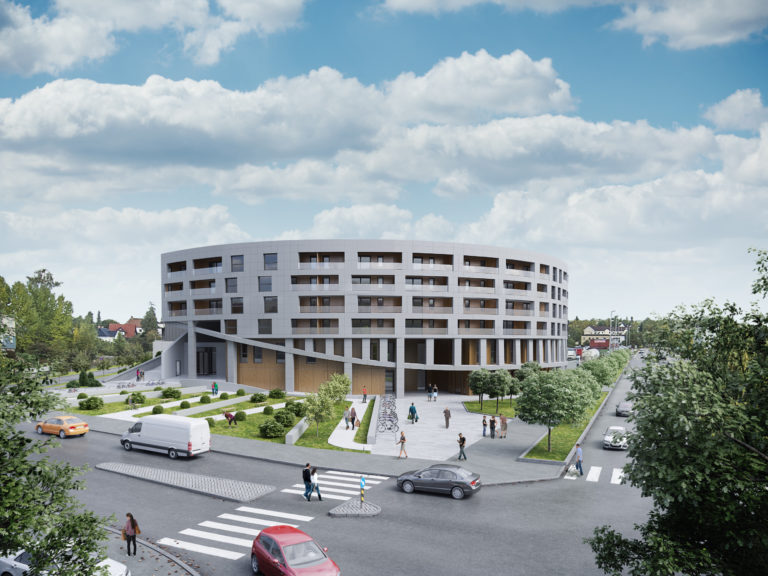 en gjengivelse av en bygning med en sirkulær form.