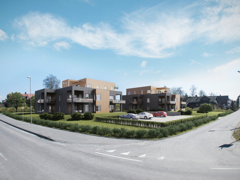 en gjengivelse av en bygård i en gate.
