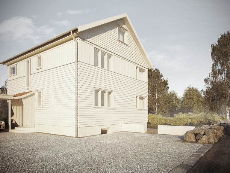 et hvitt hus med en bil parkert foran.