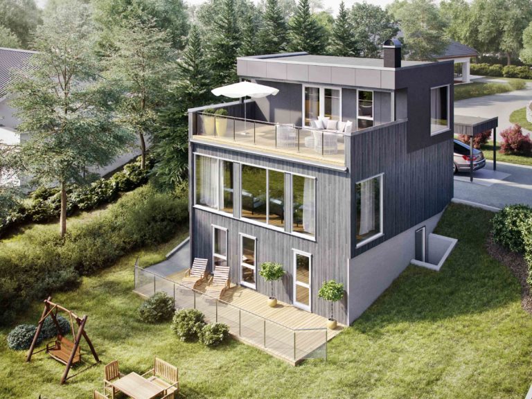 en gjengivelse av et moderne hus med balkong.
