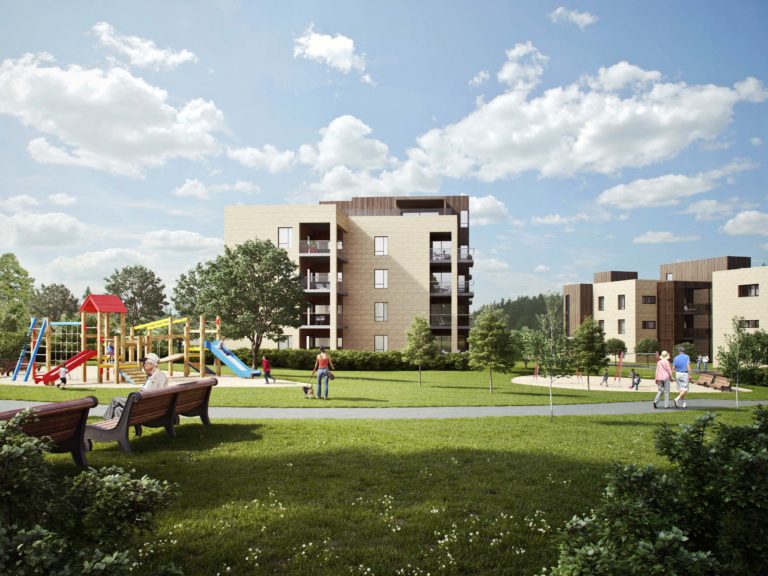 en kunstnerisk gjengivelse av et leilighetskompleks med lekeplass.