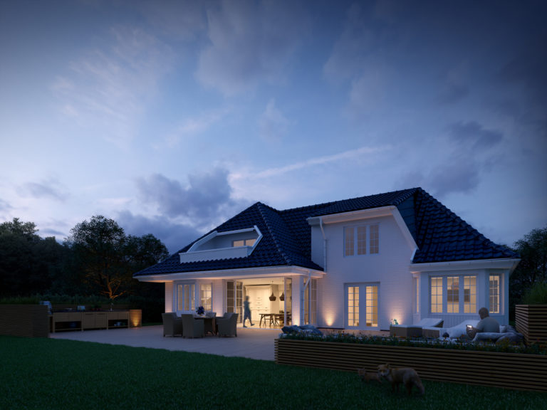 en 3d-gjengivelse av et hus om natten.
