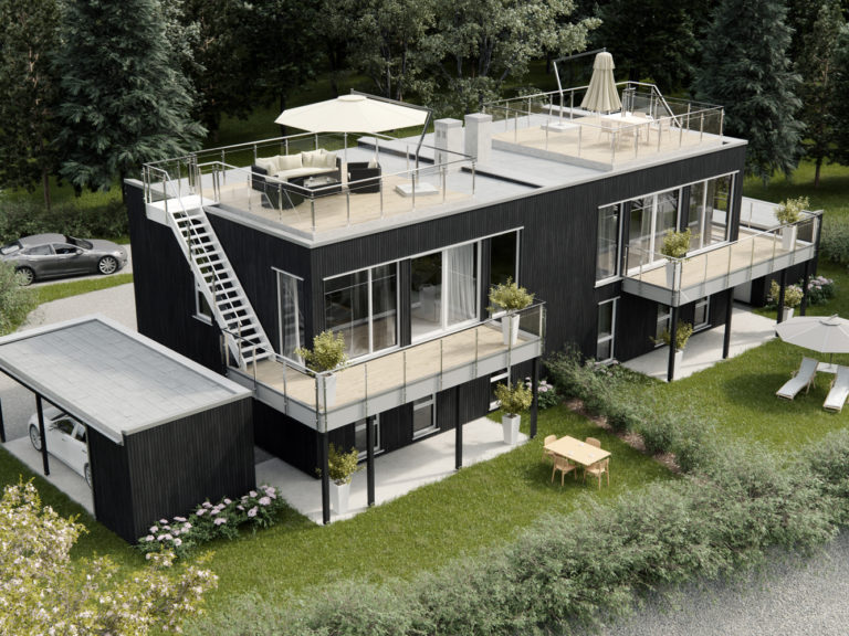 en 3d-gjengivelse av et moderne containerhus.