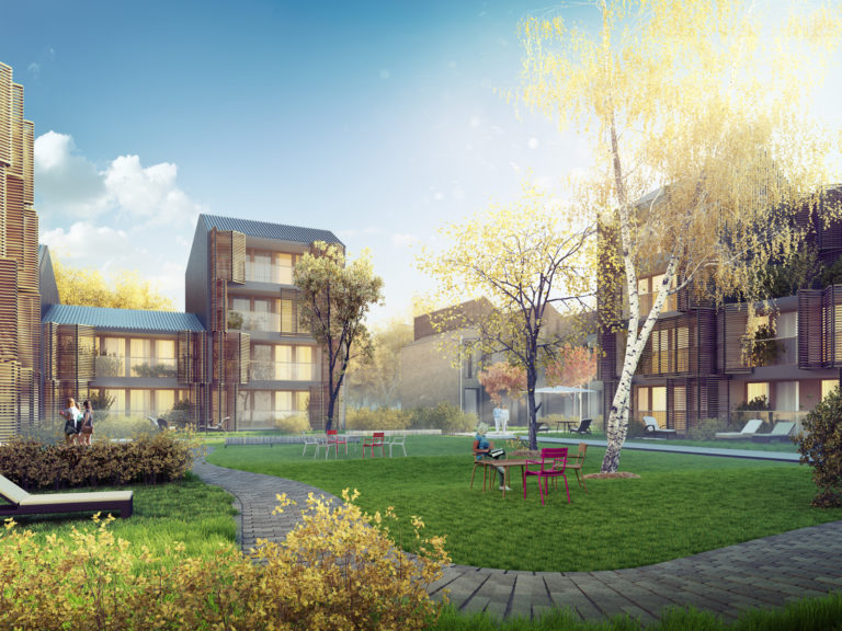en 3d-gjengivelse av et leilighetskompleks.