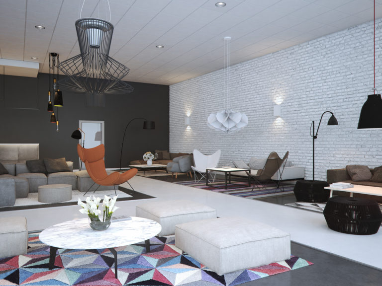 en 3d-gjengivelse av en moderne stue.