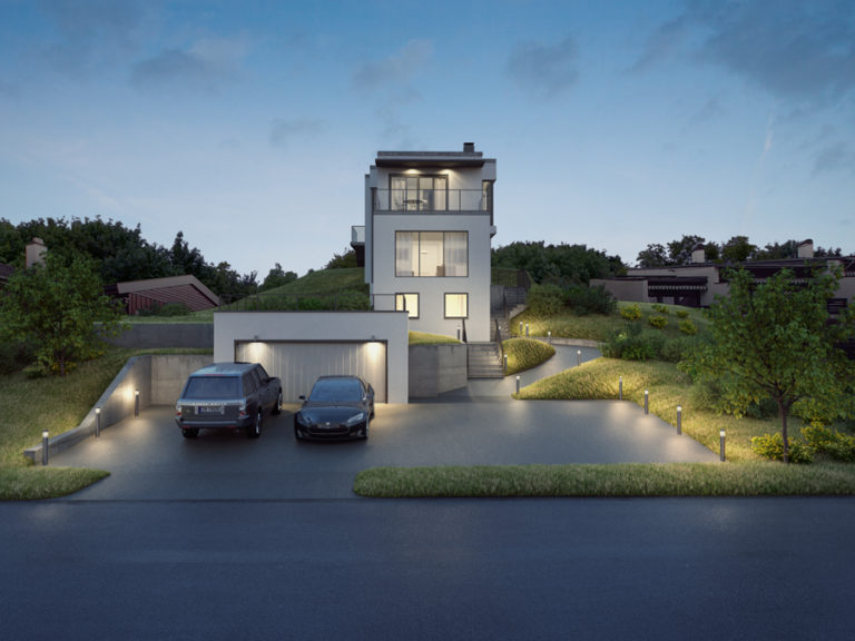 en 3d-gjengivelse av et hus med en bil parkert foran.
