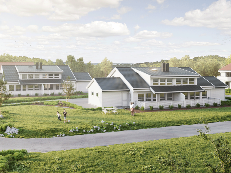 en kunstners gjengivelse av et hus på landsbygda.