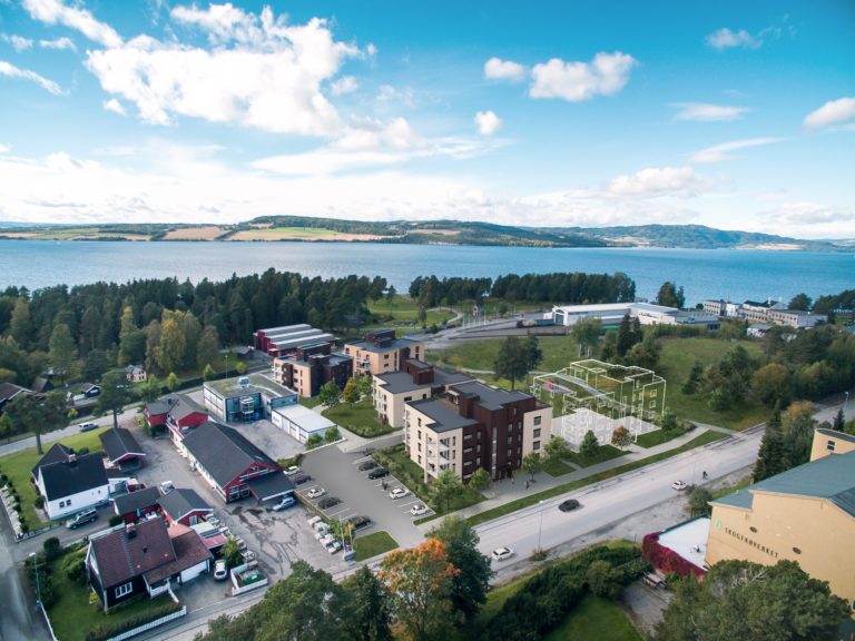 et luftfoto av et boligområde nær en innsjø.