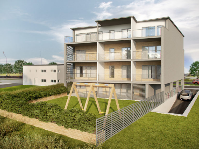 en 3d-gjengivelse av en bygård.