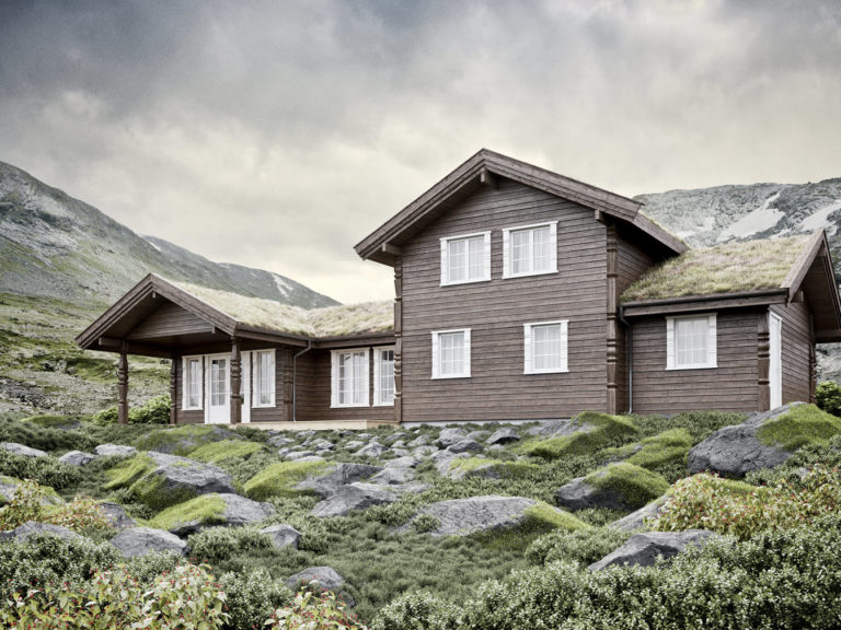 et Telemarkhytterhus midt på et fjell, visualisert i 3D.