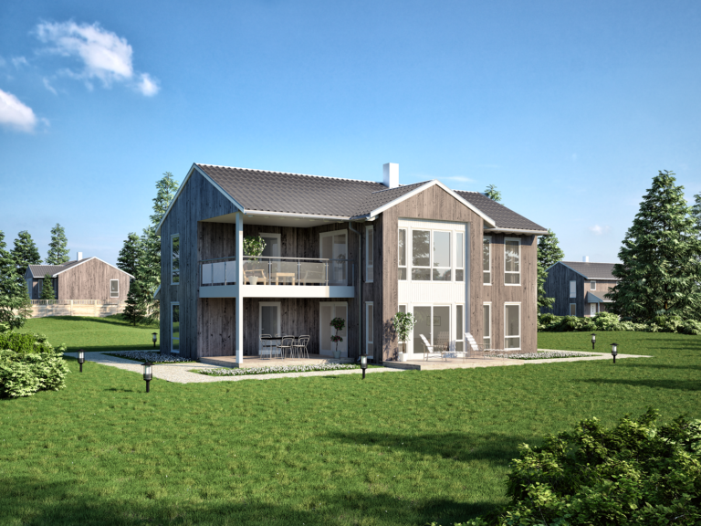 en 3d-gjengivelse av et hus på et grønt felt.