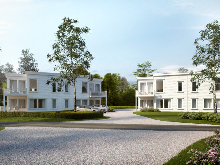 en gjengivelse av et hvitt hus med innkjørsel for visualiseringsformål, laget i 2016 for salg av Byggmester1.