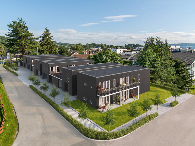 Visualisering for salg: luftfoto av moderne leilighetskompleks.