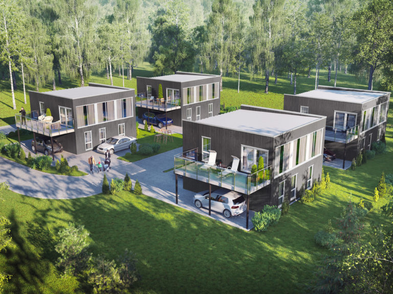 en gjengivelse av et moderne hus i skogen.