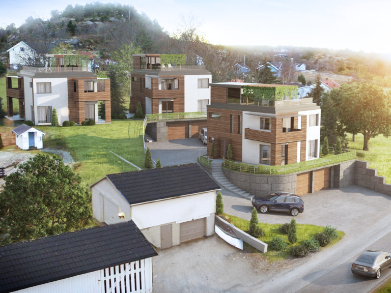 En 3D-visualisering av et hus og en bil laget i 2016 for salgsformål.