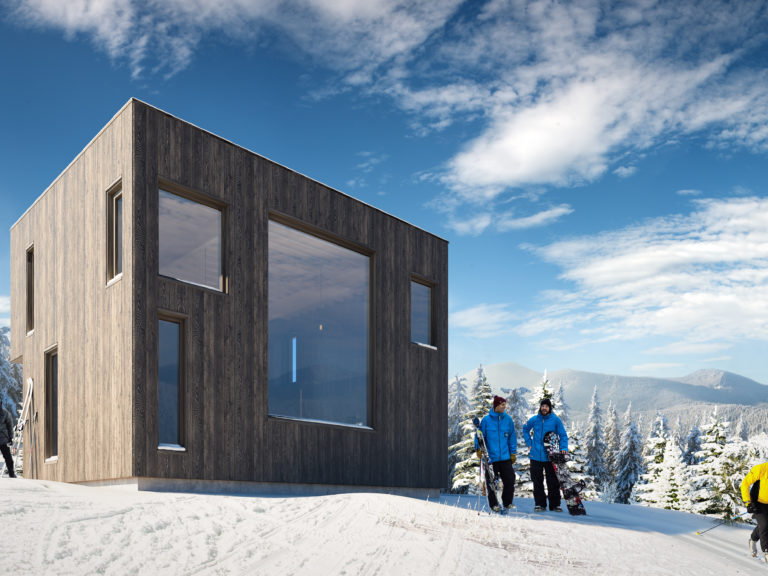Visualisering av en liten hytte på toppen av et snødekt fjell, designet for salgsformål av Hedalm Anebyhus i 2016.