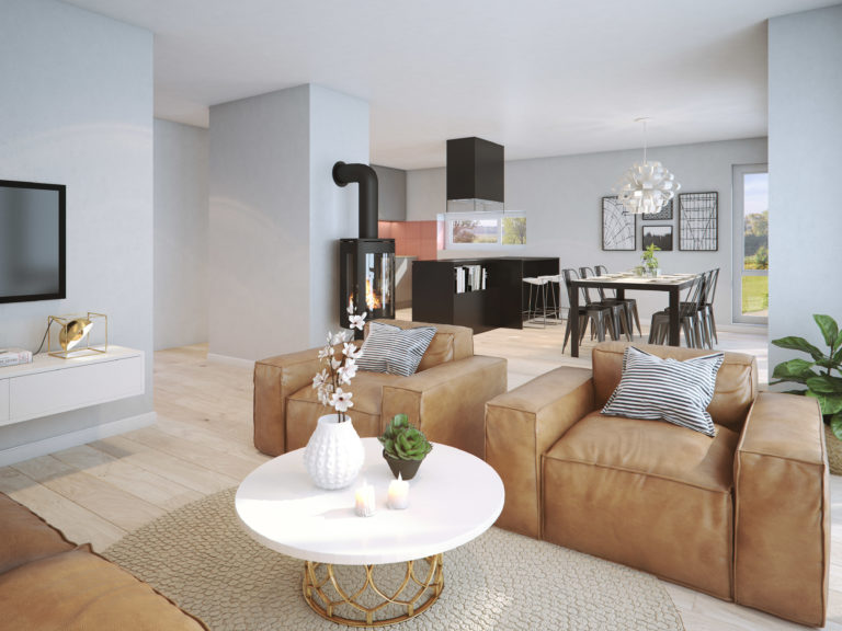 3D-gjengivelse av en stue for visualisering og salgsformål, laget i 2016 for IEC-Hus.