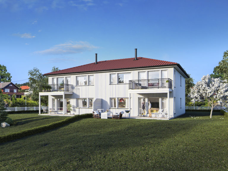 Et hvitt hus på en grønn plen visualisert for salg.