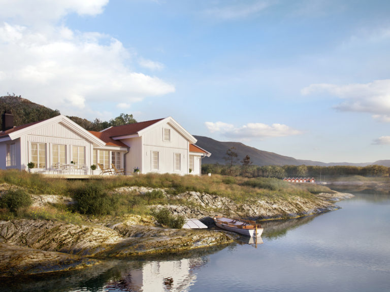En visuell representasjon av et hvitt hus på en høyde med utsikt over en vannmasse til salgs i 2016.