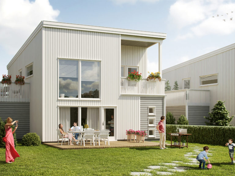 En gjengivelse av et hus med folk utenfor for visualisering av eiendomssalg i 2016.