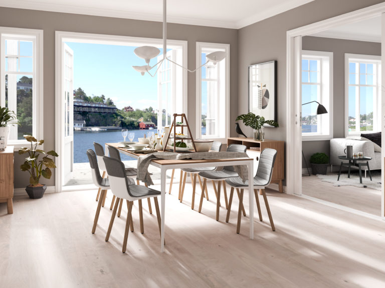 en spisestue med bord og stoler visualisert for salg i 2016 av BoligPartner.