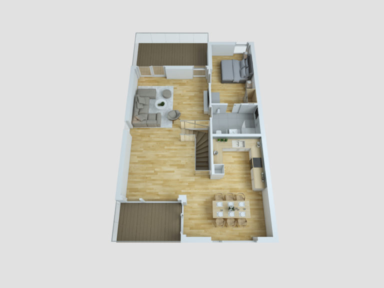 En 3D-planløsning fra 2016 for en leilighet med to soverom laget for visualisering og salgsformål for kunden Opthimal.
