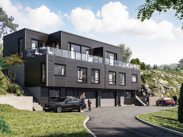 Gjengivelse av hus med bil parkert foran, laget for oppdragsgiver AEKO Eiendomsutvikling i 2016.
