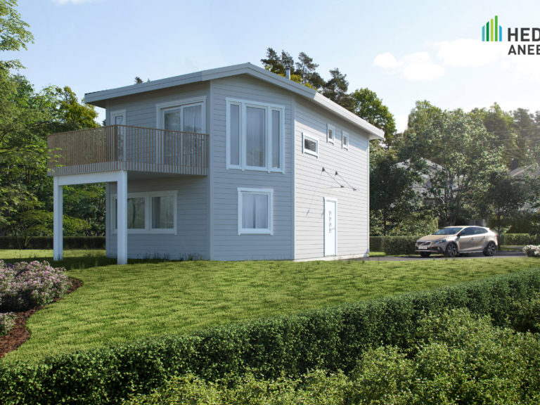 Gjengivelse av hus med bil parkert foran for salg i 2016.