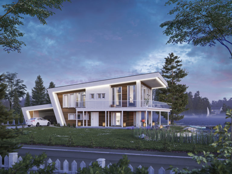Visualisering for salg: en 3D-gjengivelse av et moderne hus på en innsjø.