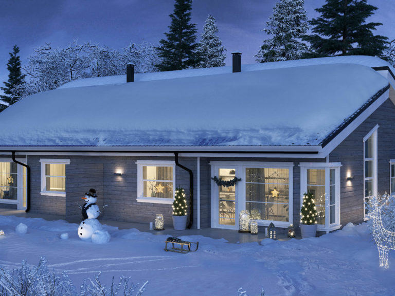 Et snødekt hus.