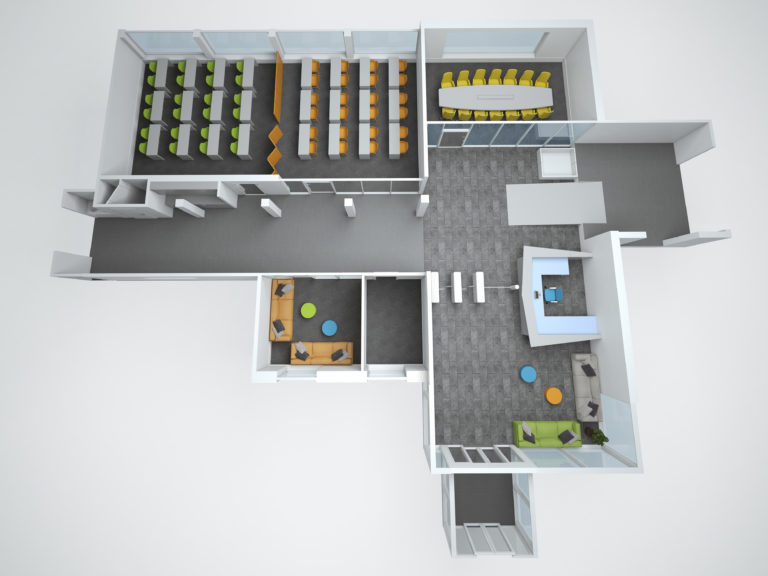 en visualisert plantegning av et rom til salgs med skrivebord og stoler.
