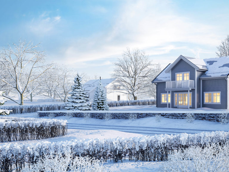 En visuell representasjon av et snødekt hus for salg i 2017.