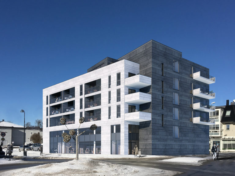En visuell gjengivelse av en bygård til salgs i en snødekt gate i 2017.