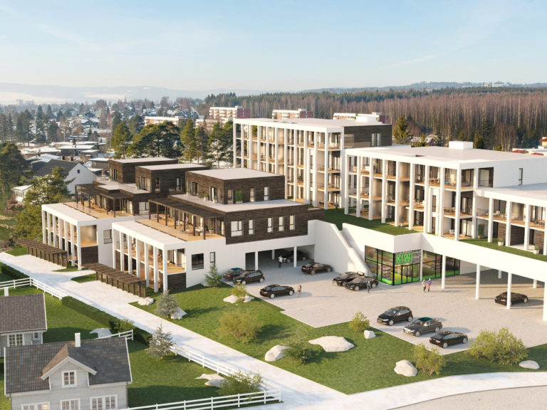 En visuell representasjon av en stor bygård opprettet for salg.