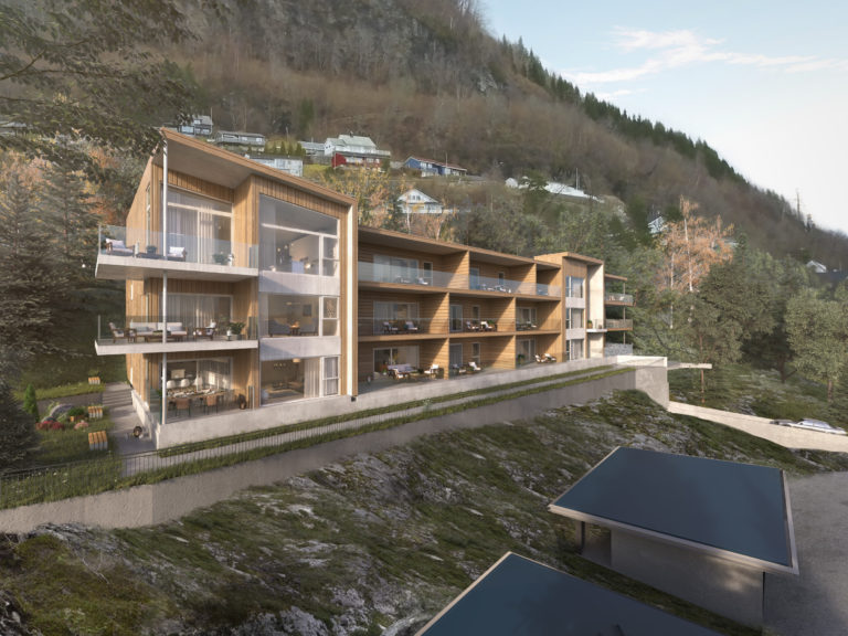 Visualisering for salg av et leilighetsbygg på fjellsiden i 2017 for klienten Geoplan.