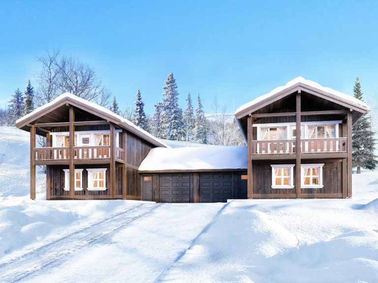 Et to-etasjers hus gjengitt i snøen for en kundes salgsvisualiseringer.